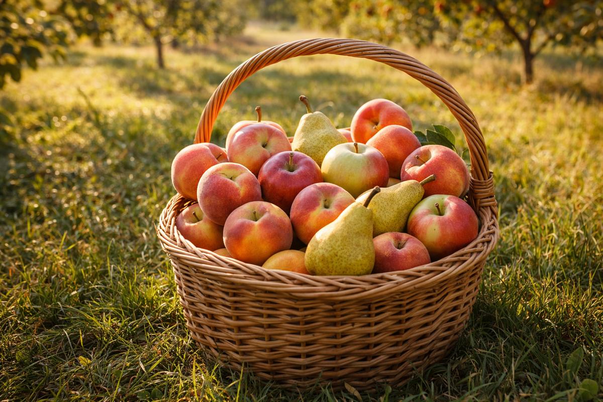 A basket of freshly picked seasonal fruit in a sunny orchard